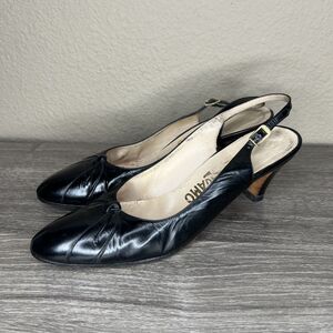 Salvatore Ferragamo Vintage Black Leather Slingback Heels Size 7 AA Knot Italy